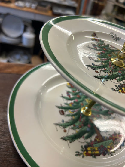 Red Green White Spode Christmas 2 Tier England, 10 1/4"