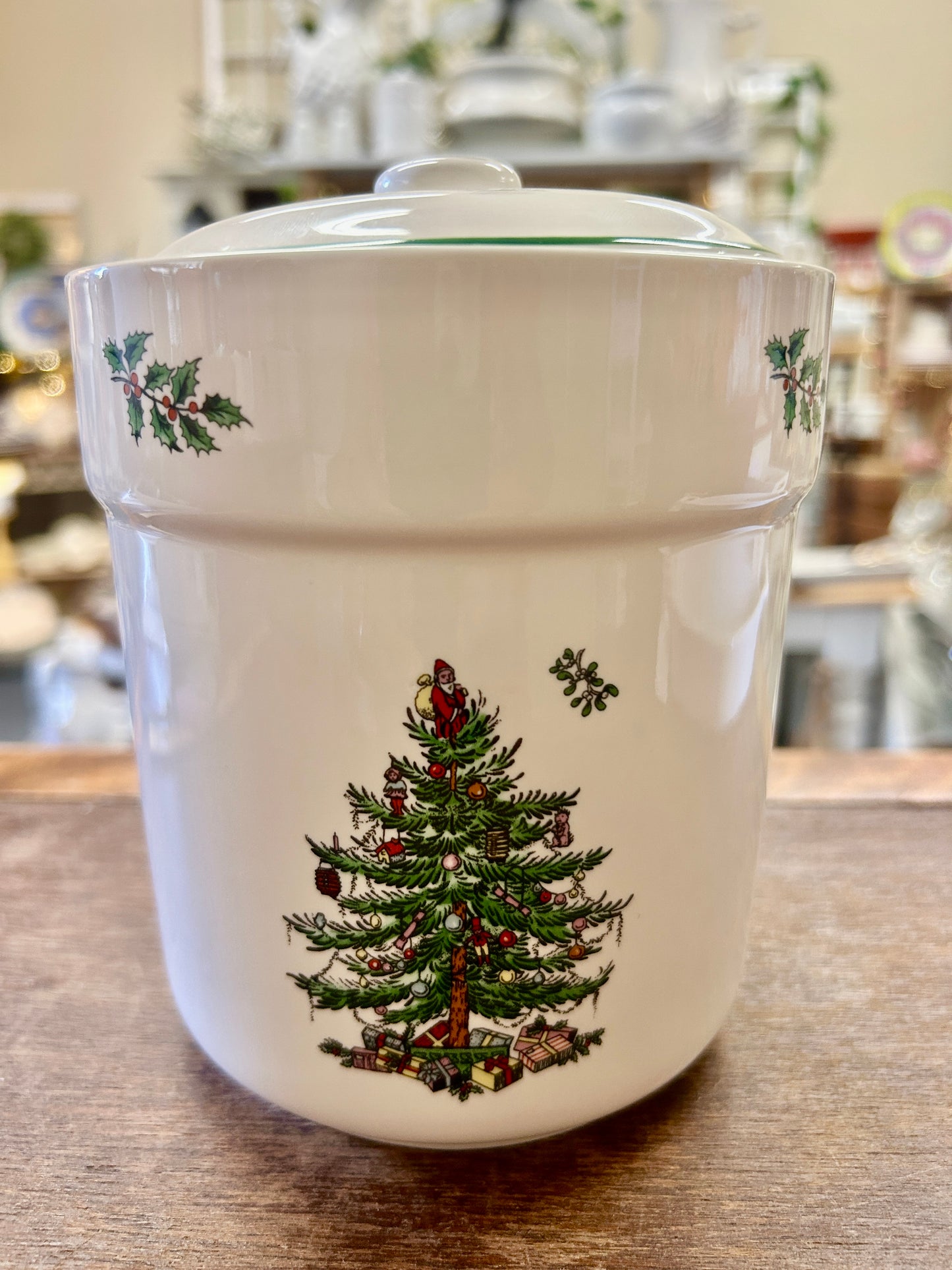 Red Green White Spode Christmas Tree Canister, 6 1/2"