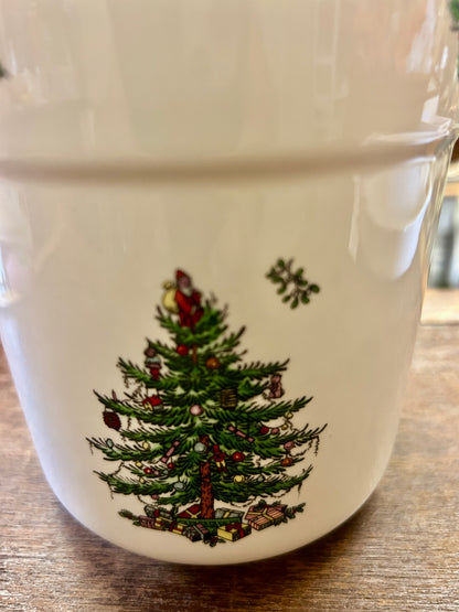 Red Green White Spode Christmas Tree Canister, 6 1/2"