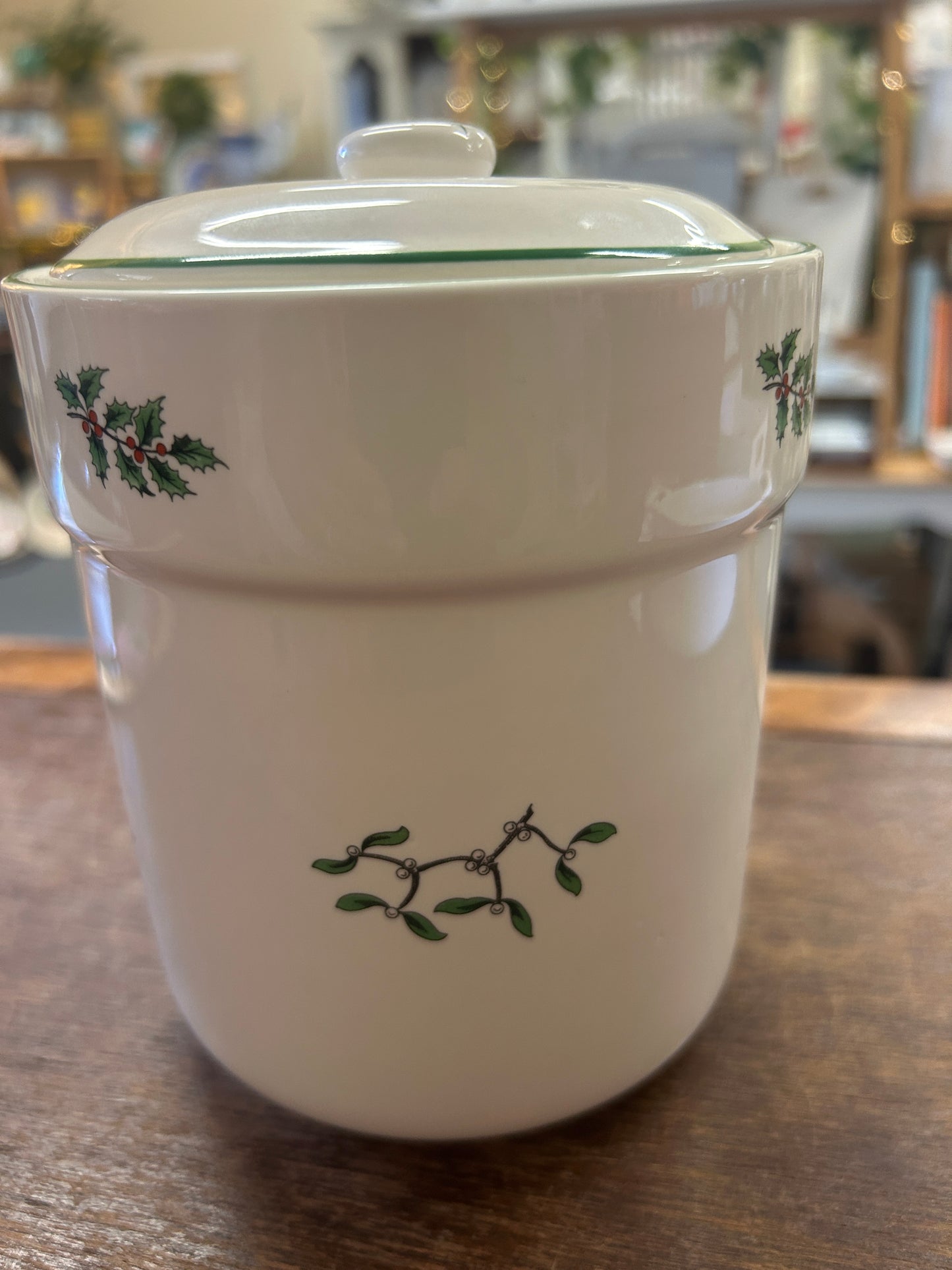 Red Green White Spode Christmas Tree Canister, 6 1/2"