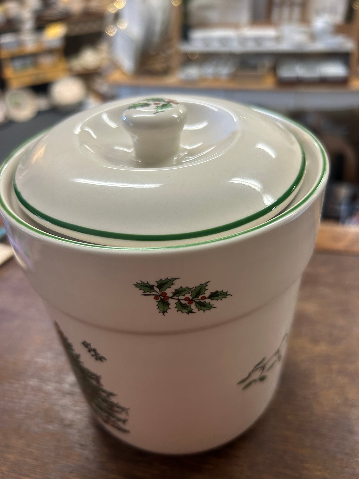 Red Green White Spode Christmas Tree Canister, 6 1/2"