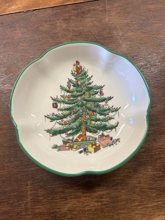 Red Green White Spode Christmas Tree Bowl England, 5"