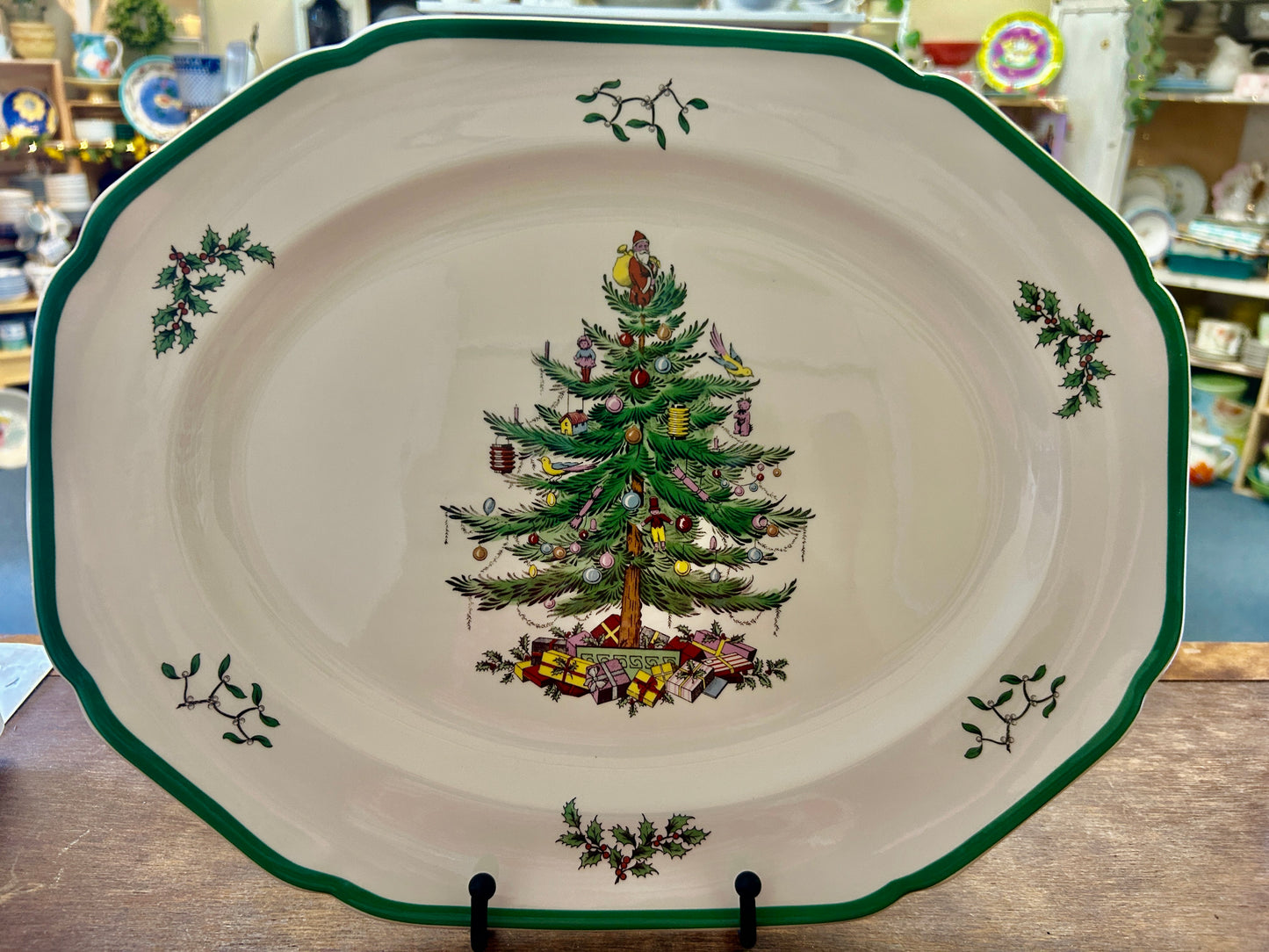 Red Green White Spode Christmas Tree Platter England, 14 1/2"