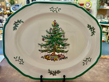 Red Green White Spode Christmas Tree Platter England, 14 1/2"
