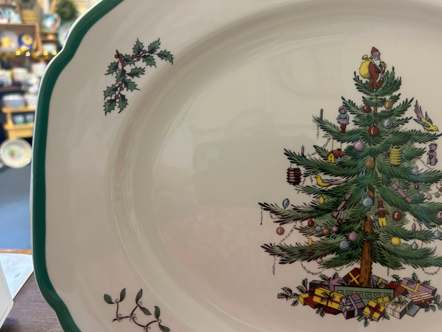 Red Green White Spode Christmas Tree Platter England, 14 1/2"