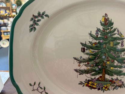 Red Green White Spode Christmas Tree Platter England, 14 1/2"