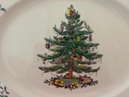 Red Green White Spode Christmas Tree Platter England, 14 1/2"