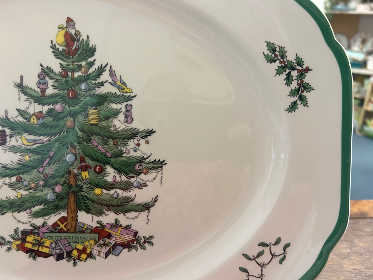 Red Green White Spode Christmas Tree Platter England, 14 1/2"