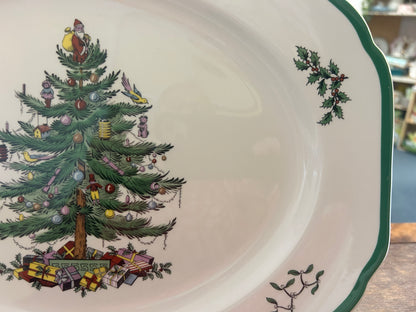 Red Green White Spode Christmas Tree Platter England, 14 1/2"