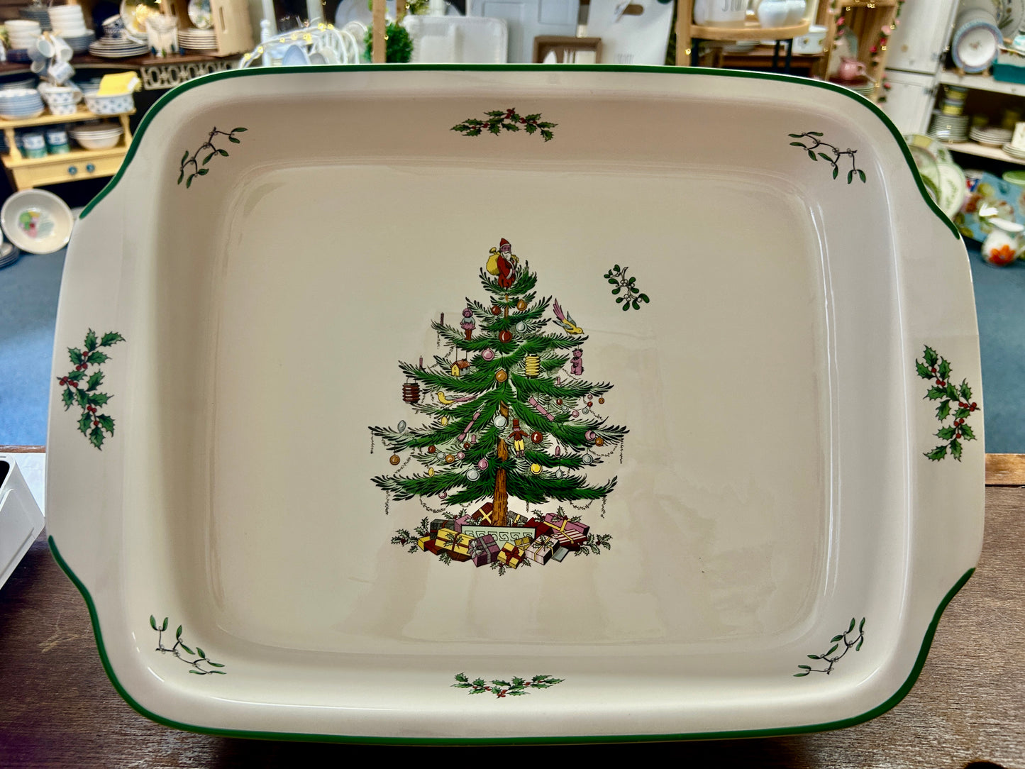 Red Green White Spode Christmas Tree Baker, 13"