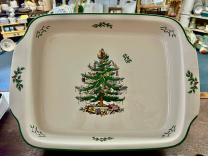 Red Green White Spode Christmas Tree Baker, 13"