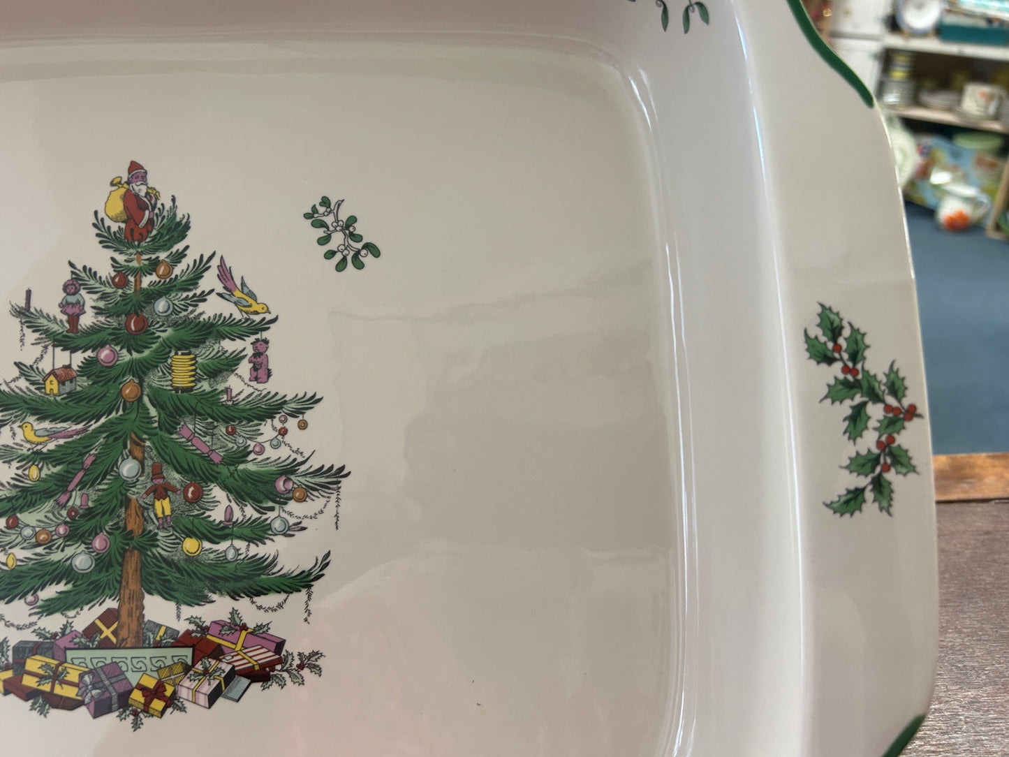 Red Green White Spode Christmas Tree Baker, 13"