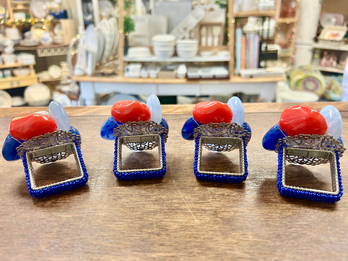 Red White Blue Kim Seybert NEW Stone Napkin Rings 4, 2 3/4"