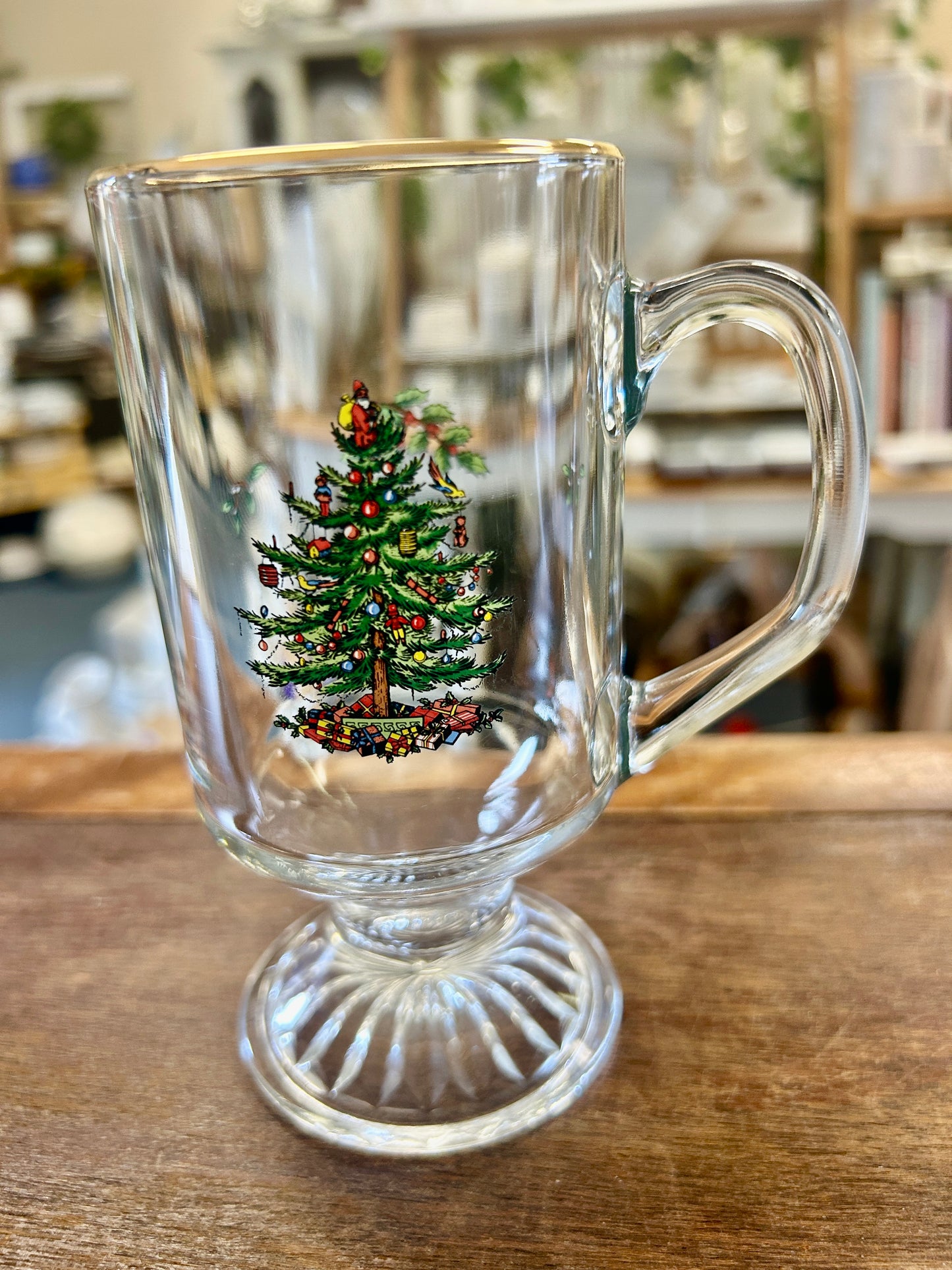 Red Green White Spode Christmas Tree Pedestal Mug, 5 3/4"
