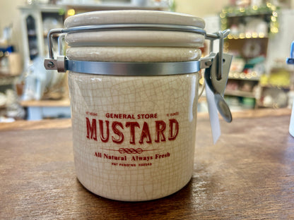 White Pottery Barn RARE Mustard Canister, 4 1/2"
