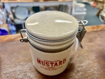 White Pottery Barn RARE Mustard Canister, 4 1/2"