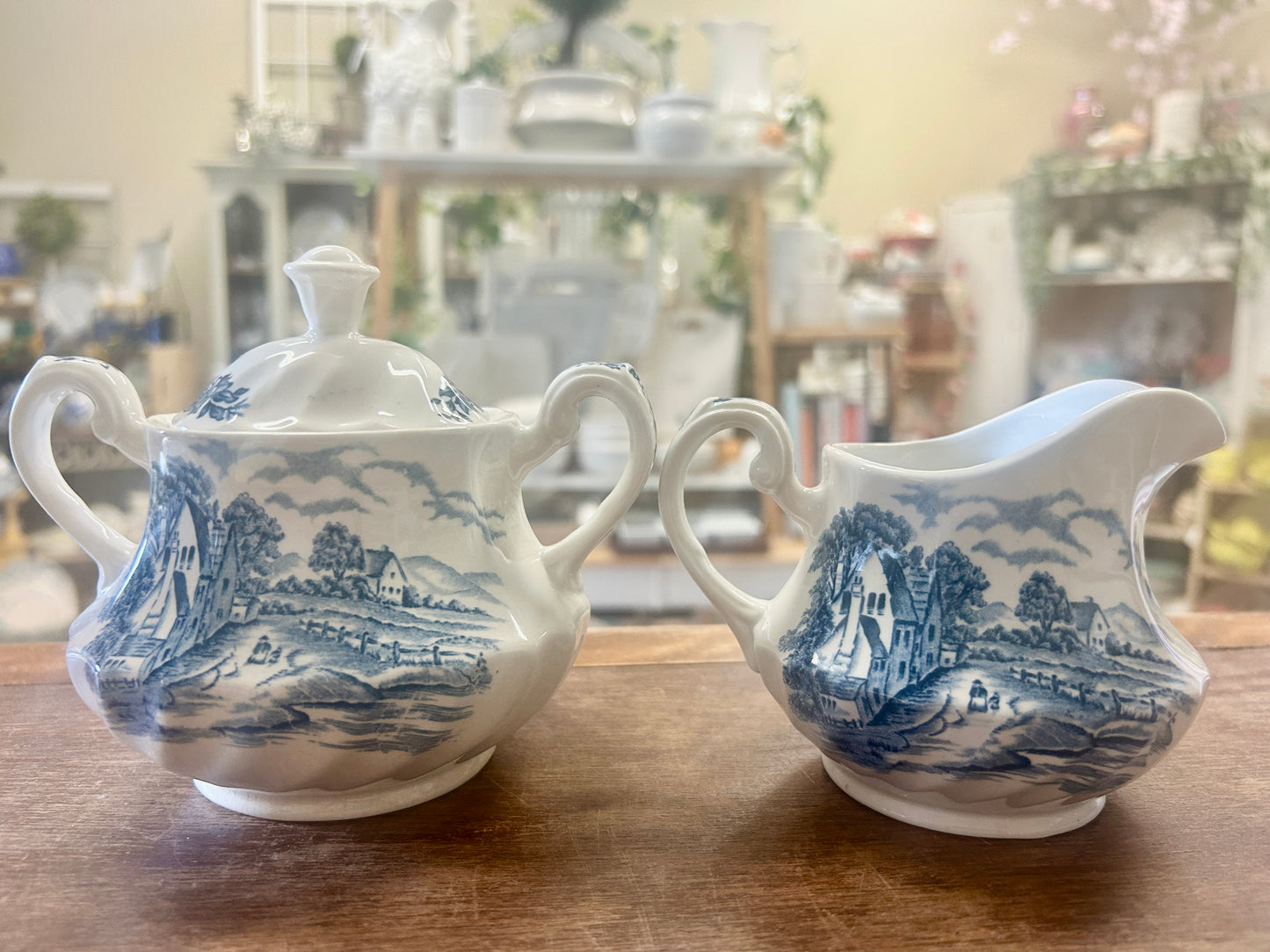 Blue & White Staffordshire Bluebrook Sugar & Creamer, 6"