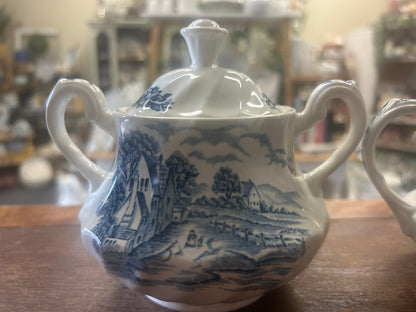 Blue & White Staffordshire Bluebrook Sugar & Creamer, 6"