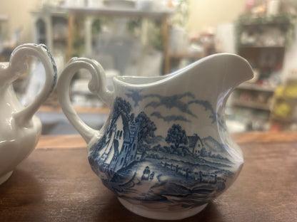 Blue & White Staffordshire Bluebrook Sugar & Creamer, 6"