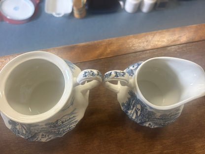 Blue & White Staffordshire Bluebrook Sugar & Creamer, 6"