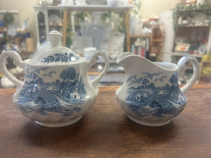 Blue & White Staffordshire Bluebrook Sugar & Creamer, 6"
