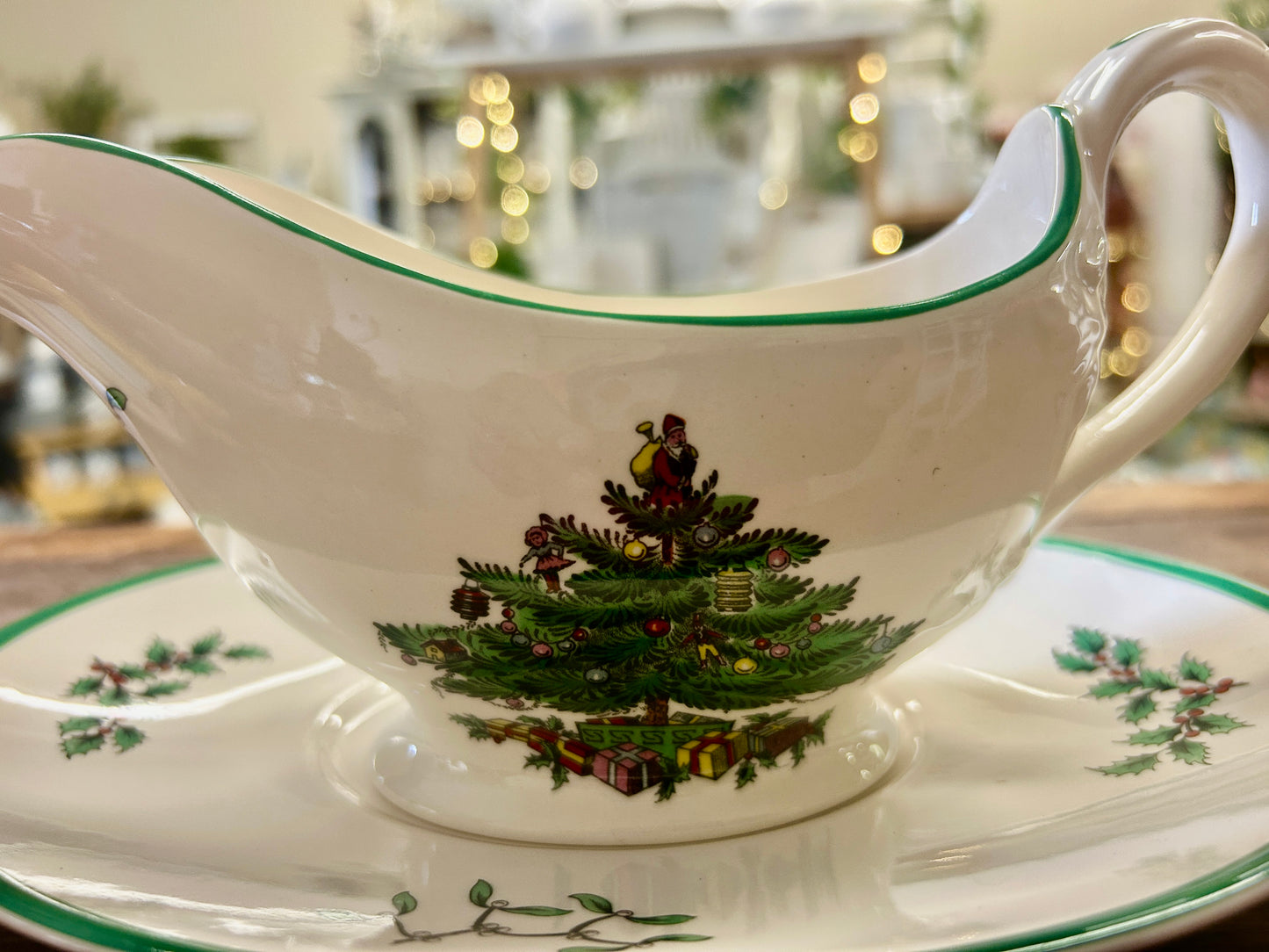 Red Green White Spode Christmas Gravy Boat & Tray 2, 8 3/4"