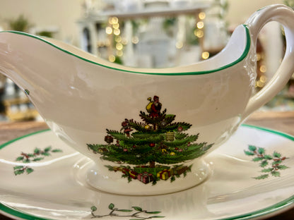 Red Green White Spode Christmas Gravy Boat & Tray 2, 8 3/4"