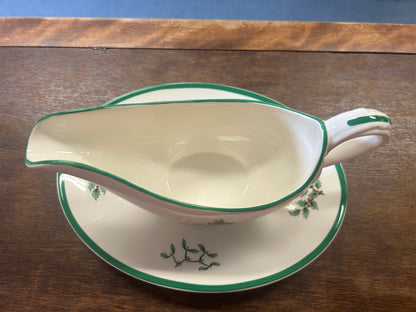 Red Green White Spode Christmas Gravy Boat & Tray 2, 8 3/4"