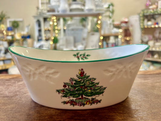 Red Green White Spode Christmas Oval Bowl, 9"