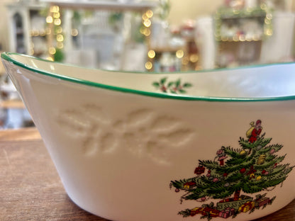 Red Green White Spode Christmas Oval Bowl, 9"