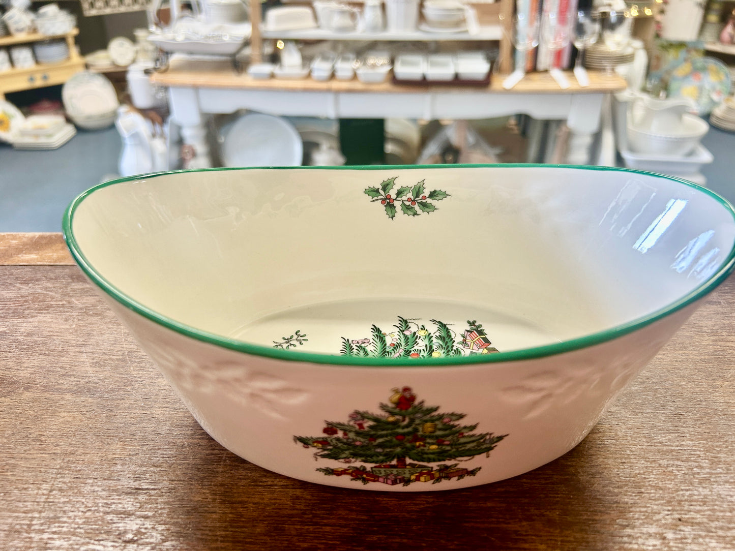 Red Green White Spode Christmas Oval Bowl, 9"