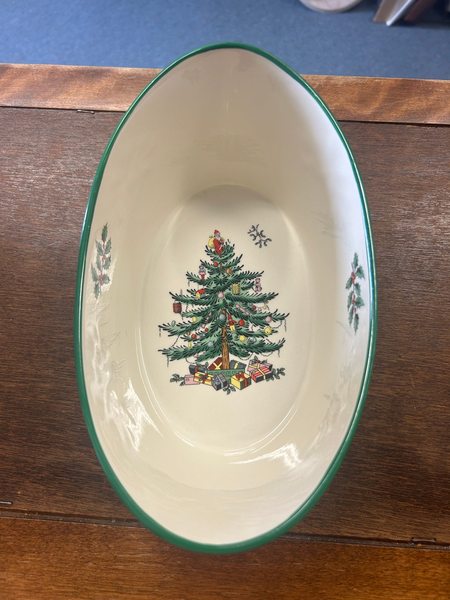 Red Green White Spode Christmas Oval Bowl, 9"
