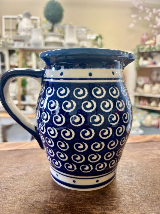 Blue & White Boleslawiec Polish Pottery Pitcher, 7"