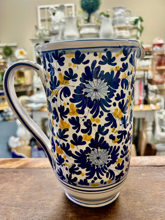 Blue & Yellow Deruta of Italy Blue & Yellow Pitcher Italy, 9 1/4"