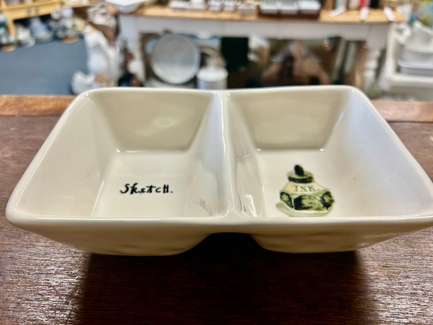 White Rae Dunn SKETCH & INK 2 Section Bowl, 7 1/2"