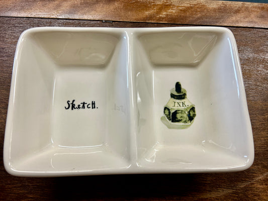 White Rae Dunn SKETCH & INK 2 Section Bowl, 7 1/2"