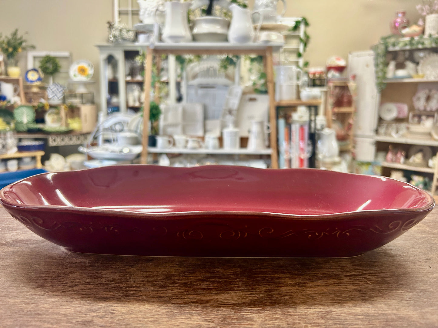 Tastefully Simple Cranberry Oblong Bowl, 14"