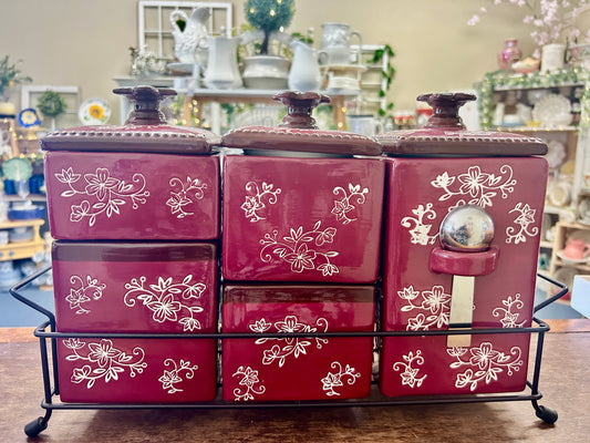 Cranberry Temptations Floral Lace Canisters w/ Rack, 17"