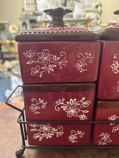 Cranberry Temptations Floral Lace Canisters w/ Rack, 17"