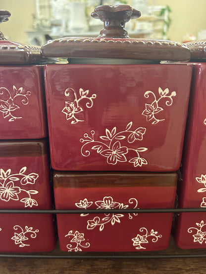 Cranberry Temptations Floral Lace Canisters w/ Rack, 17"