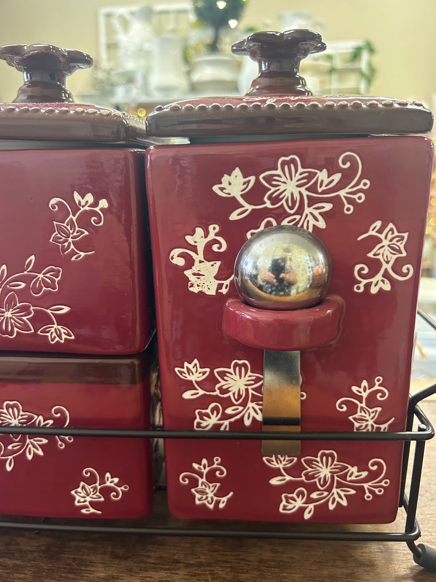 Cranberry Temptations Floral Lace Canisters w/ Rack, 17"