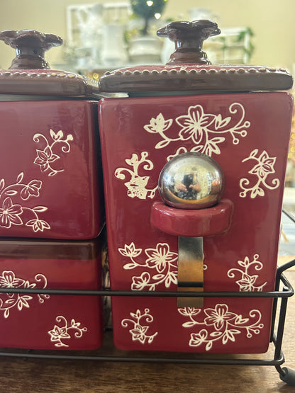 Cranberry Temptations Floral Lace Canisters w/ Rack, 17"
