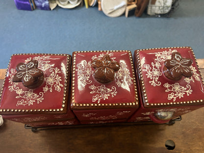 Cranberry Temptations Floral Lace Canisters w/ Rack, 17"