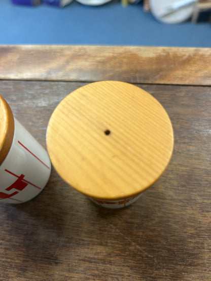 Red & White Hornsea Pottery Stripes S & P England, 2 3/4"