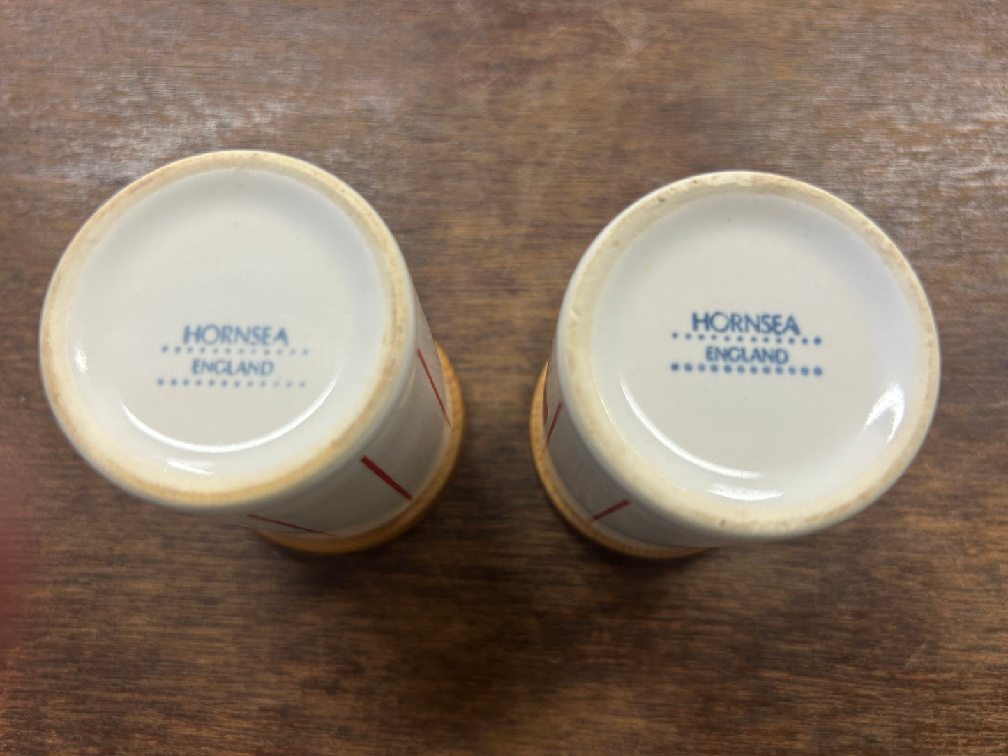 Red & White Hornsea Pottery Stripes S & P England, 2 3/4"