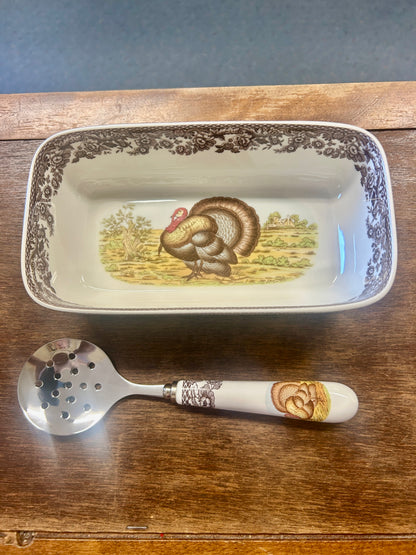 Brown Spode NEW Thanksgiving Bowl w/ Spoon, 8"