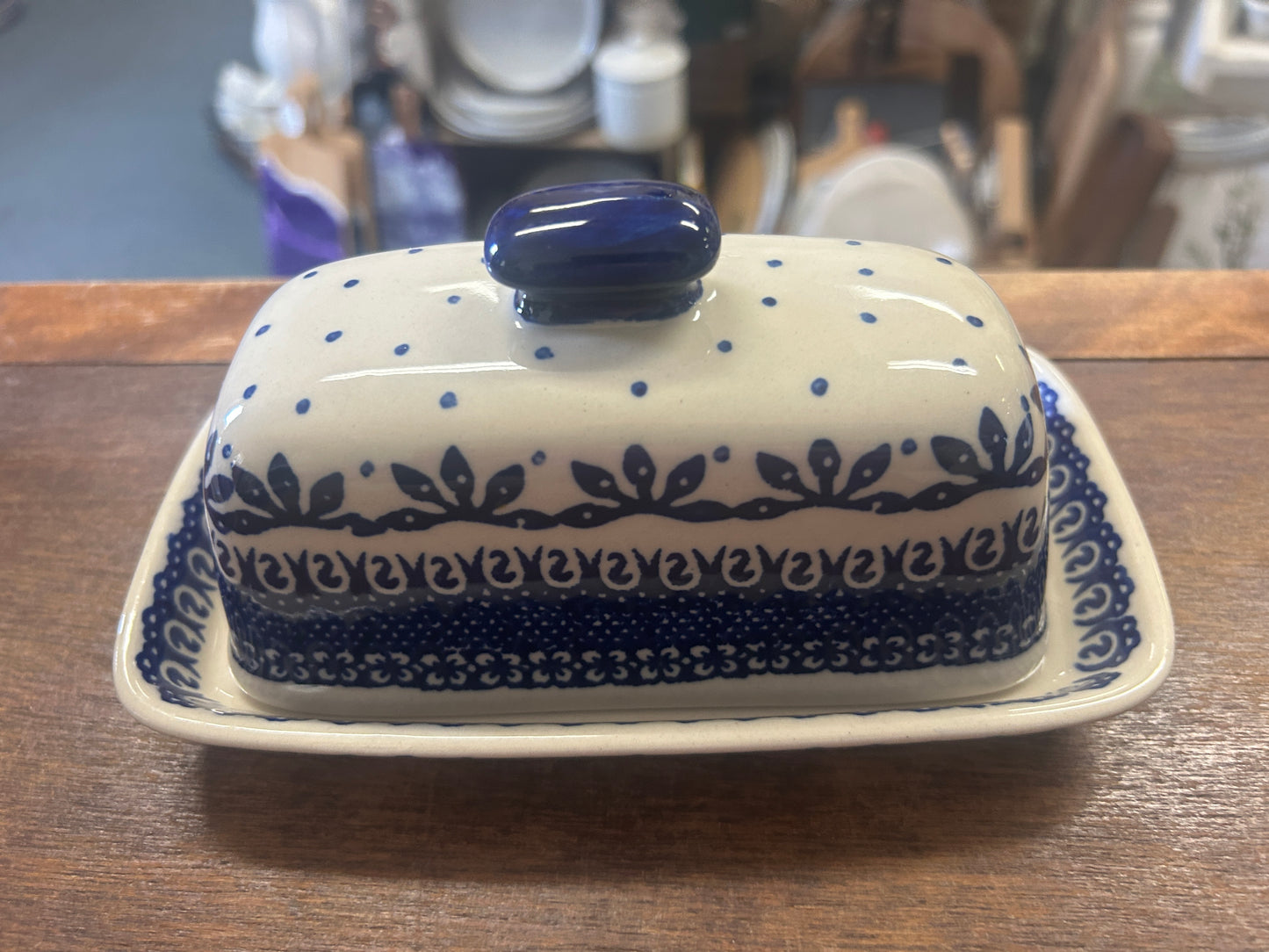 Blue & White Boleslawiec Polish Pottery Butter Dish, 7 1/2"