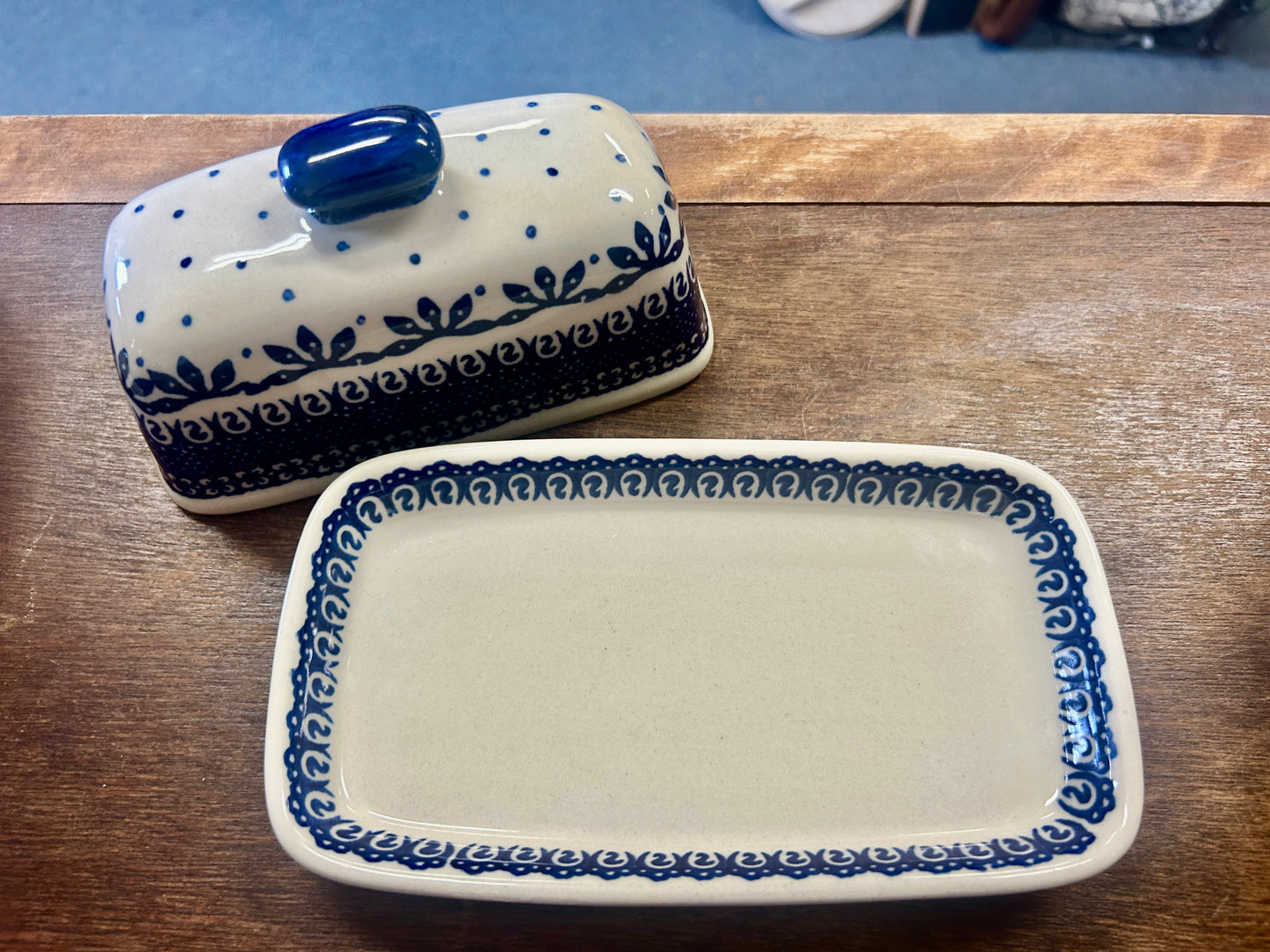Blue & White Boleslawiec Polish Pottery Butter Dish, 7 1/2"