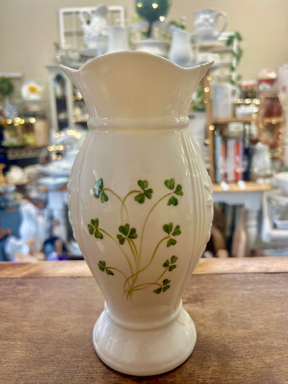 White Belleek Shamrock Vase Ireland, 8 3/4"