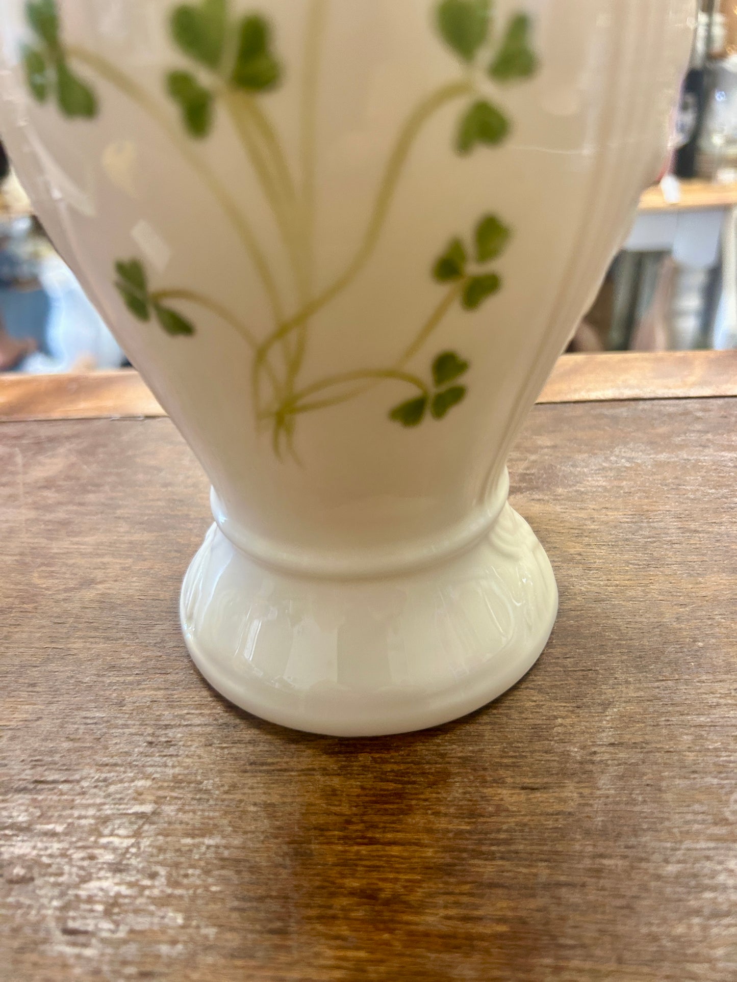 White Belleek Shamrock Vase Ireland, 8 3/4"
